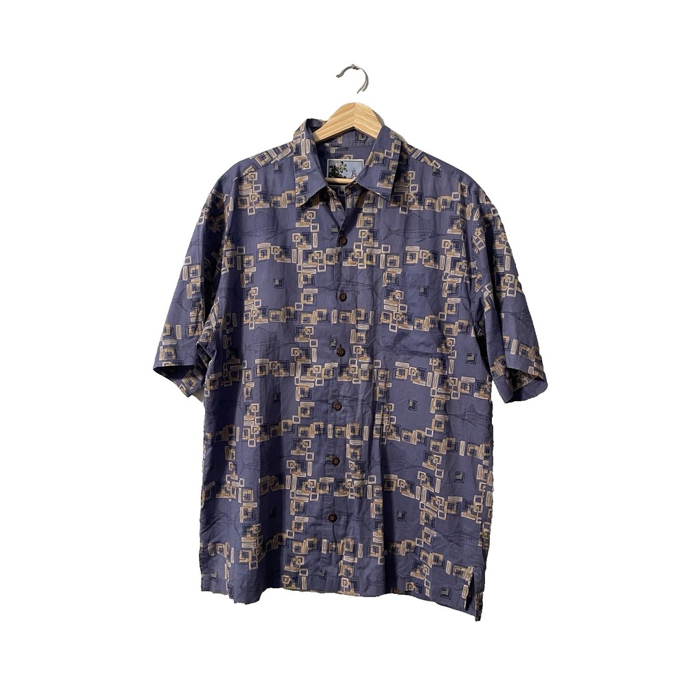 AFTCO Bluewater Hawaiian Shirt Mens XL Blue Geometric Short Sleeve Button Up‎